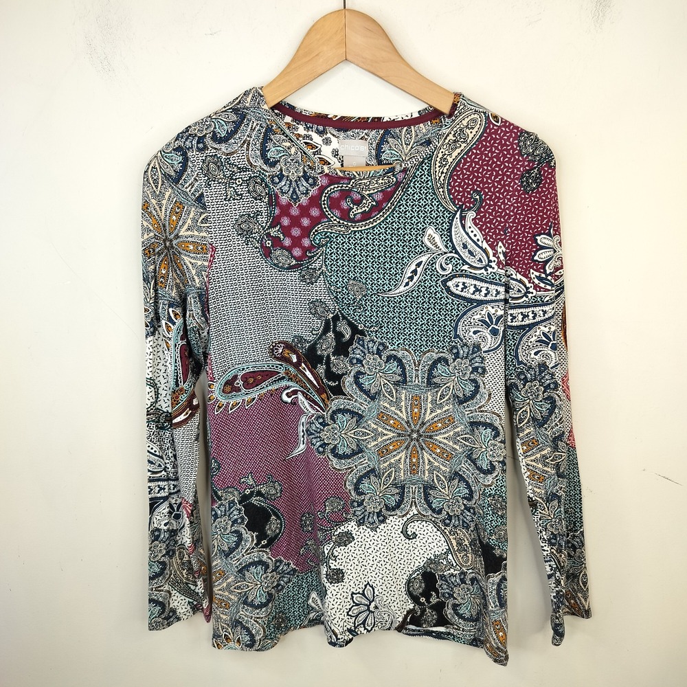 Chicos Long Sleeve Top Paisley Floral Patchwork Stretch 0 / Small Women's Boho